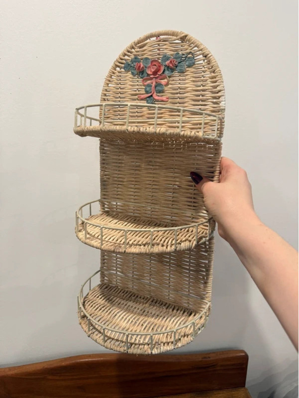 Vintage Wicker 3 Tier Floral Wall Shelf